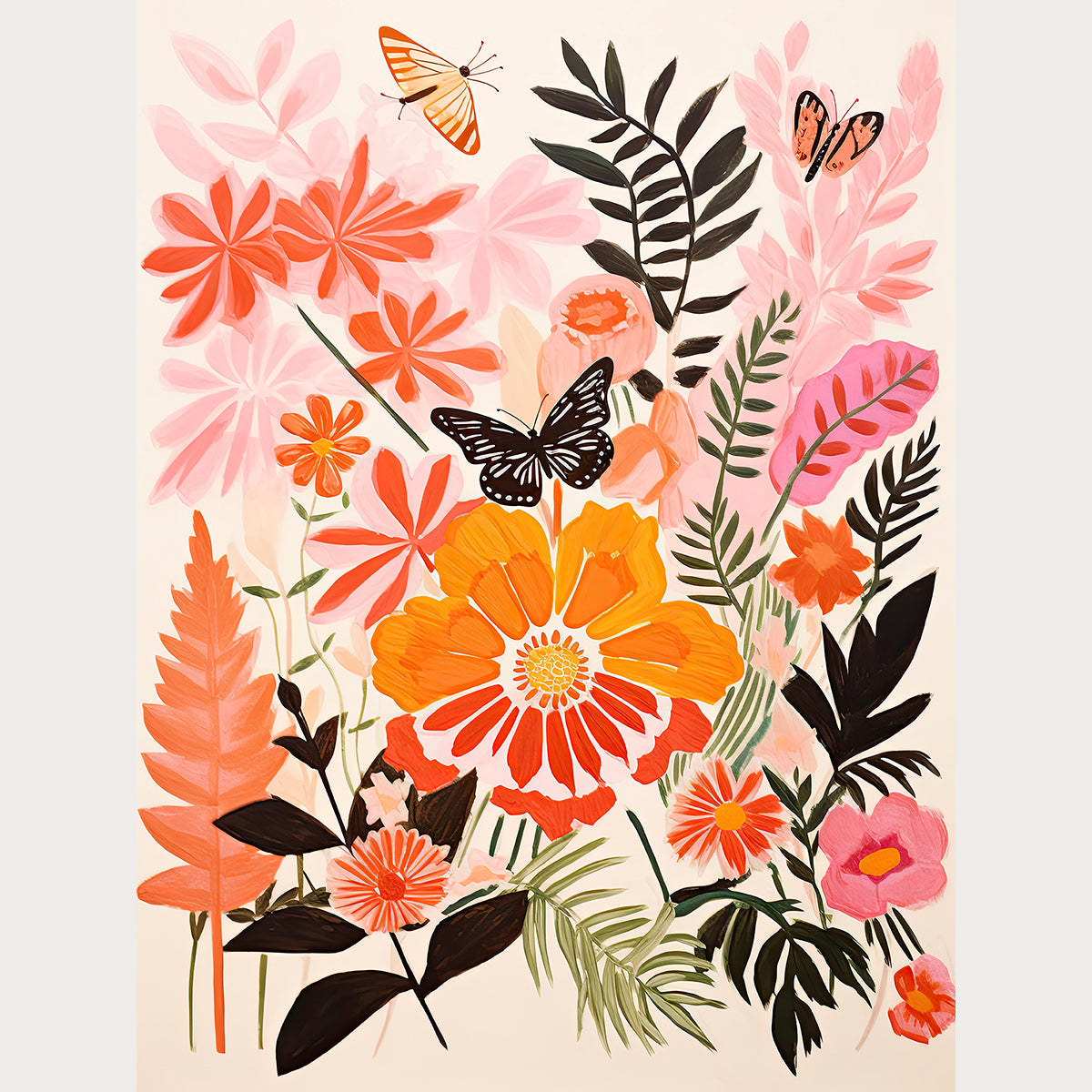 Lush Butterfly Paradise bohemian wall art print featuring vibrant flowers and butterflies in a modern, whimsical design.