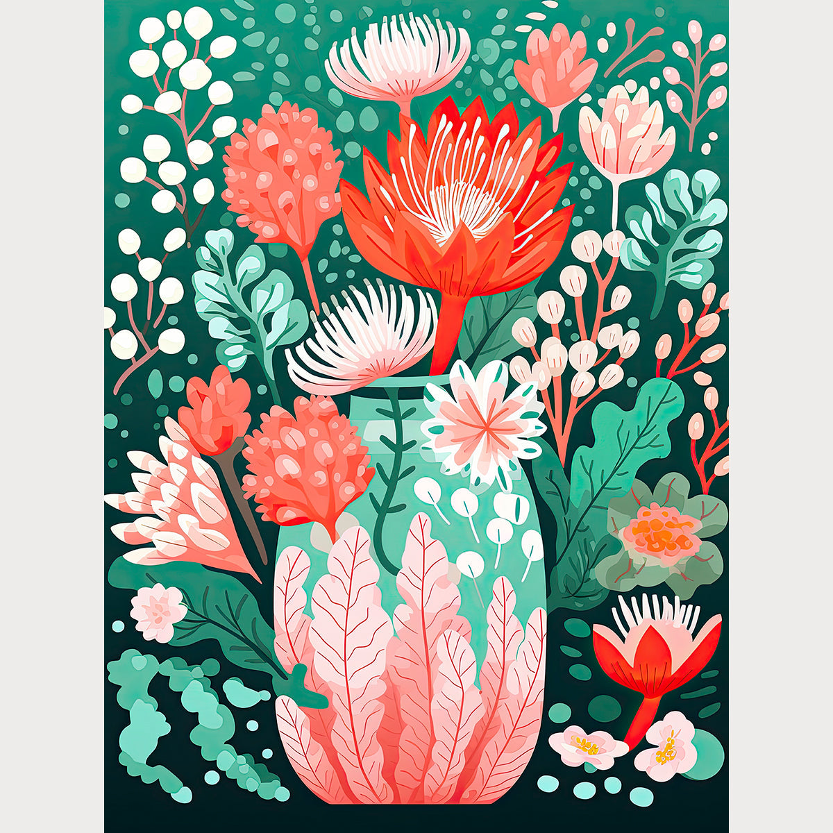 Floral Symphony Vase art print featuring vibrant flowers in coral and green against an emerald backdrop. Bohemian wall art.