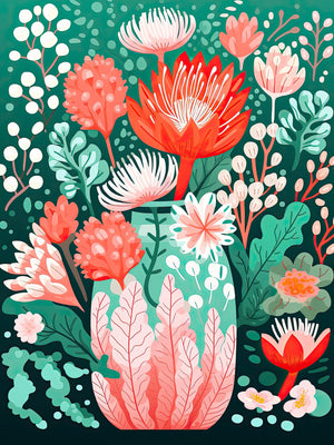 Floral Symphony Vase art print featuring vibrant flowers in coral, pink and green against an emerald backdrop. Bohemian wall art.