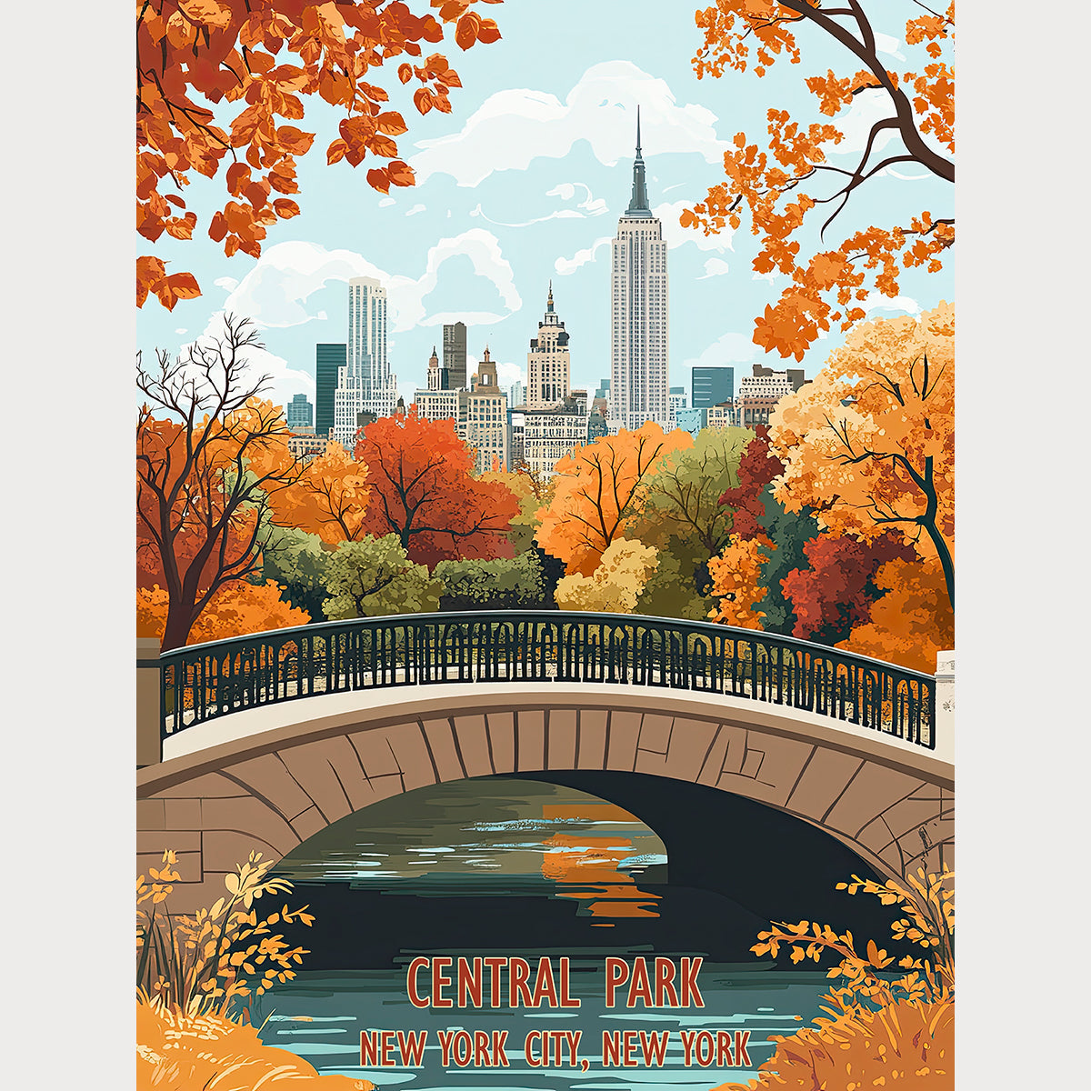 Vibrant autumn wall art print of Central Park, NYC, showcasing fall colors and skyline with a peaceful bridge.