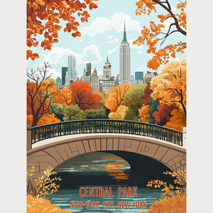 Vibrant autumn wall art print of Central Park, NYC, showcasing fall colors and skyline with a peaceful bridge.