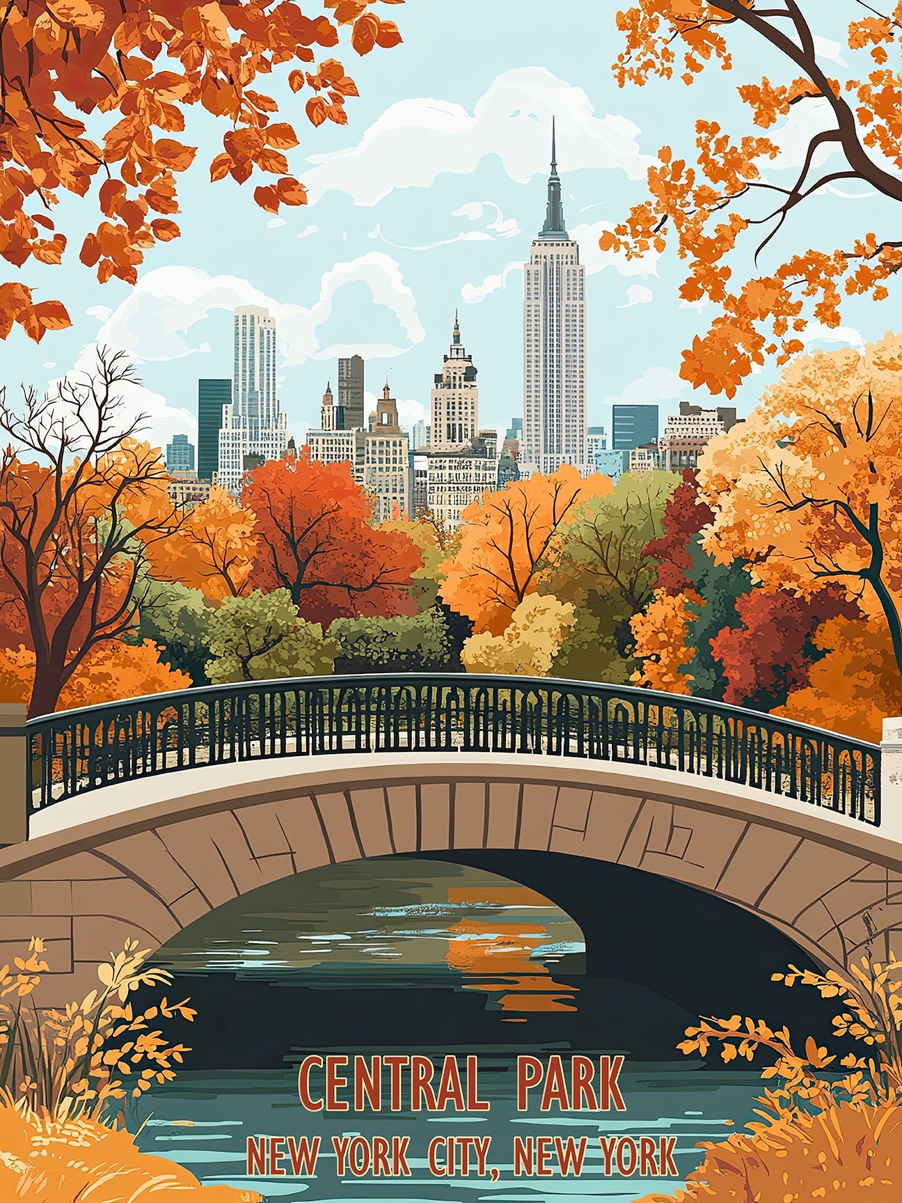 Autumn in Central Park with vibrant fall colors, iconic skyline, and peaceful bridge - vintage travel art.
