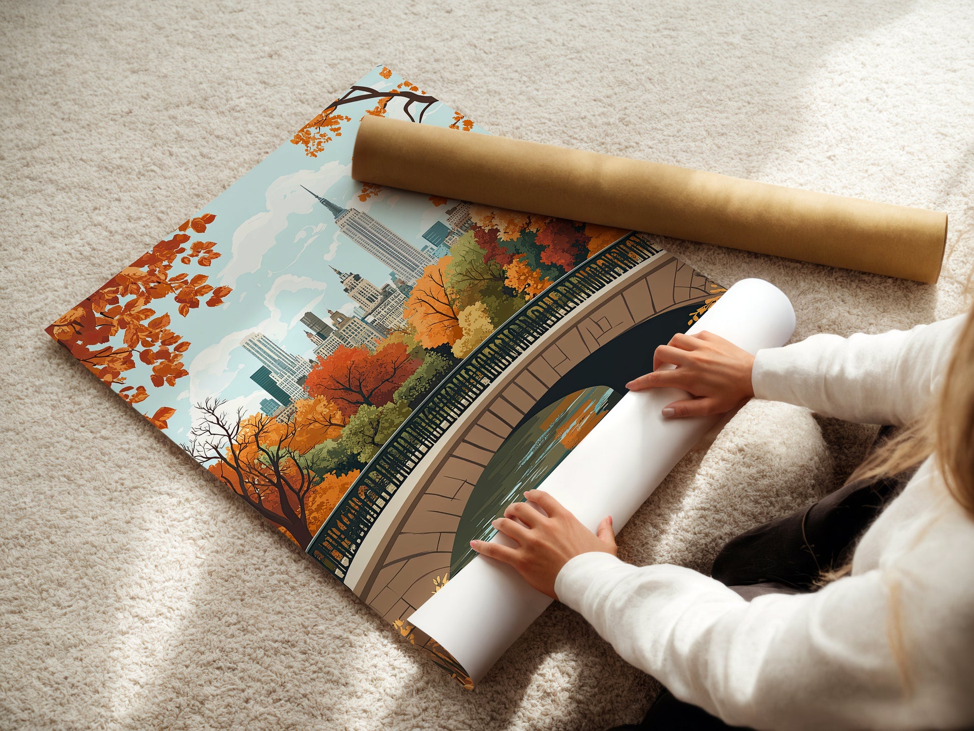 Person unrolling a vintage travel poster of Central Park in autumn with colorful leaves and Manhattan skyline.