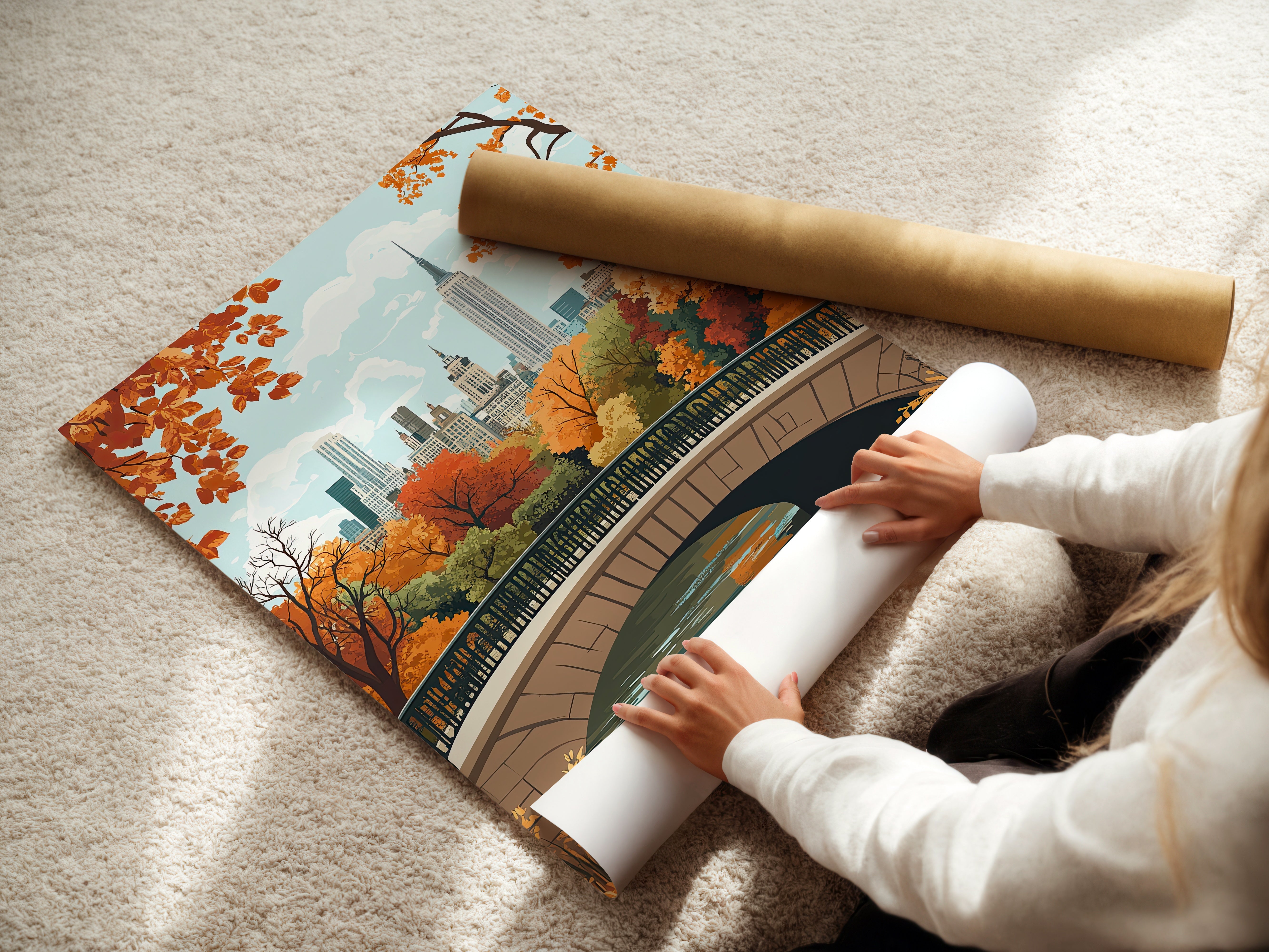 Person unrolling a vintage travel poster of Central Park in autumn with colorful leaves and Manhattan skyline.