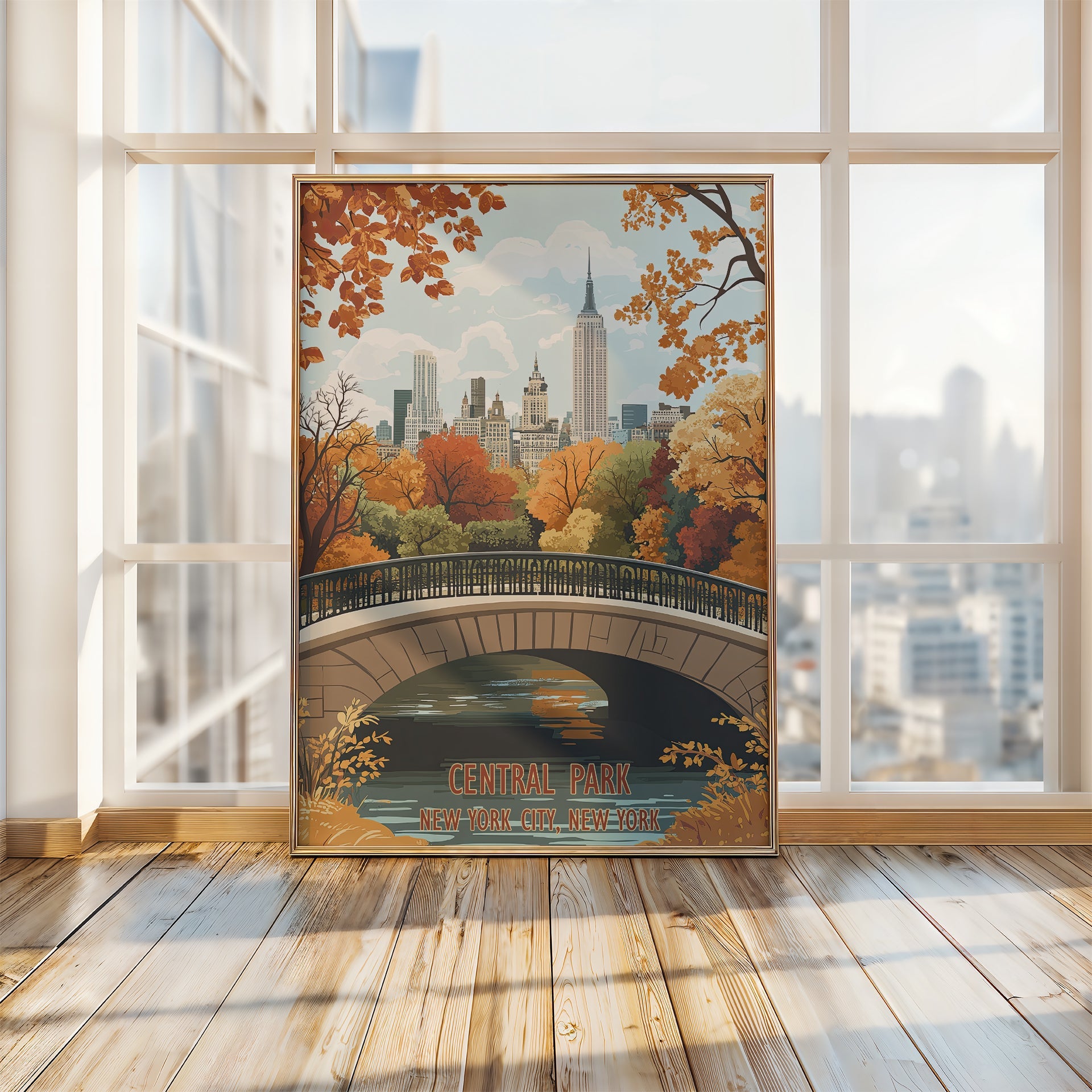 Autumn in Central Park wall art print featuring autumn leaves, bridge, and Manhattan skyline.