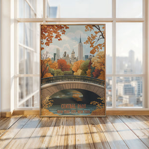 Autumn in Central Park wall art print featuring autumn leaves, bridge, and Manhattan skyline.