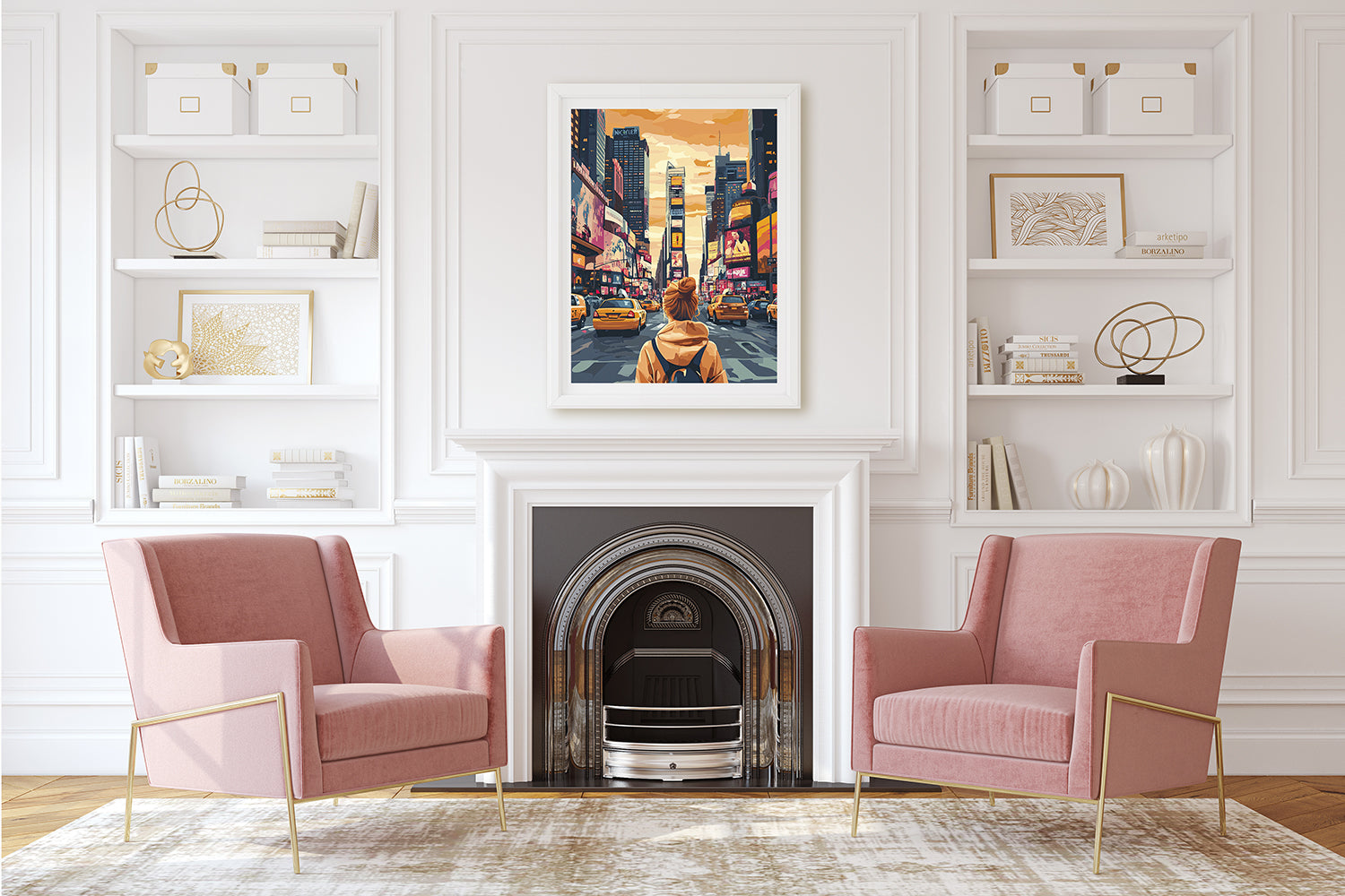Urban Dreamscape: Times Square wall art print in a modern living room with pink chairs.