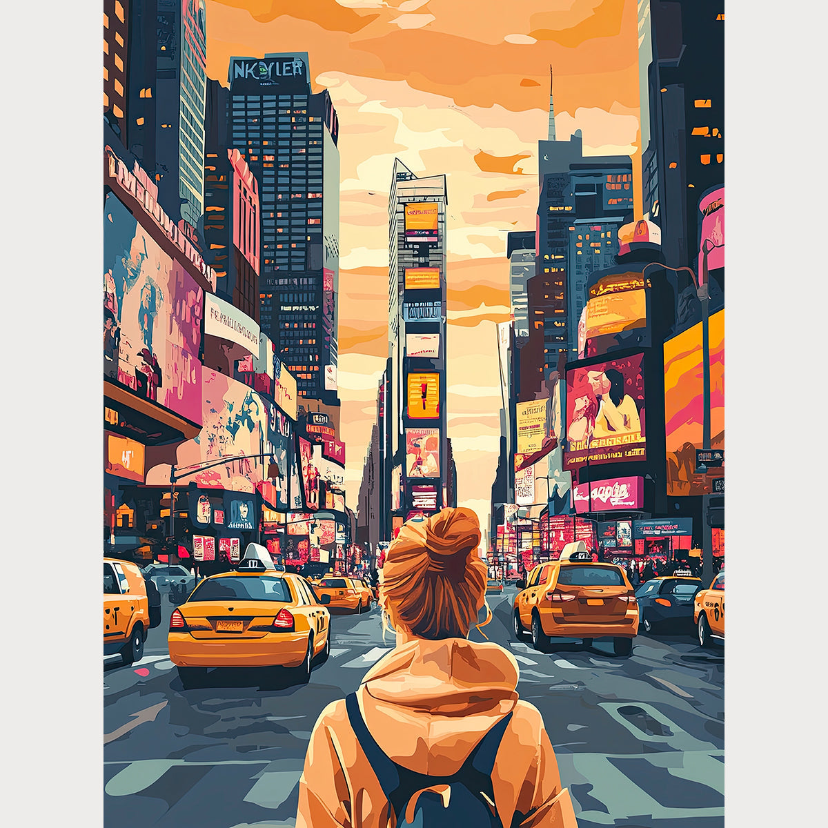 Urban Dreamscape: Times Square artwork featuring yellow taxis and vibrant billboards in New York City.