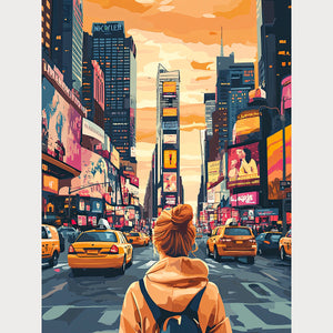 Urban Dreamscape: Times Square artwork featuring yellow taxis and vibrant billboards in New York City.
