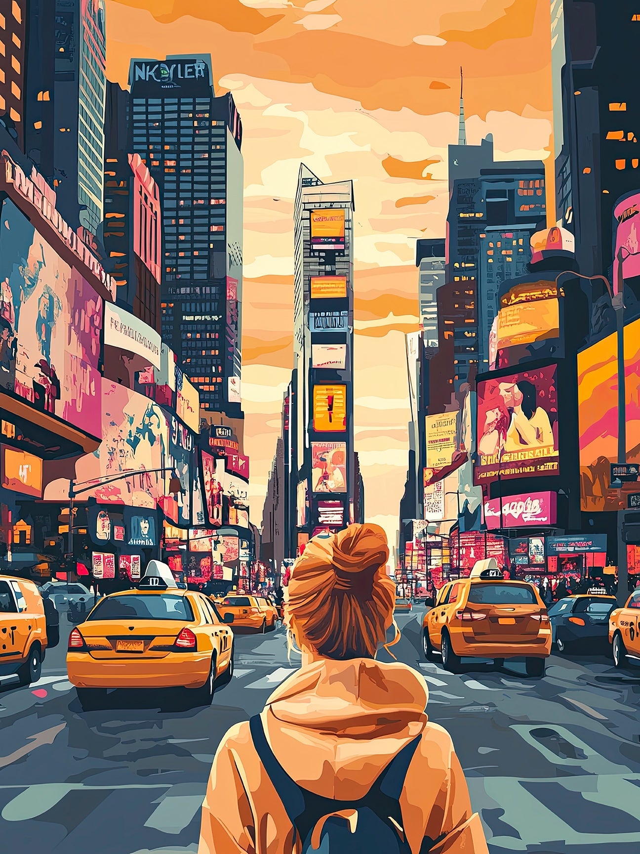 Vibrant wall art of Times Square, New York City, featuring a person amidst yellow taxis and golden billboards.