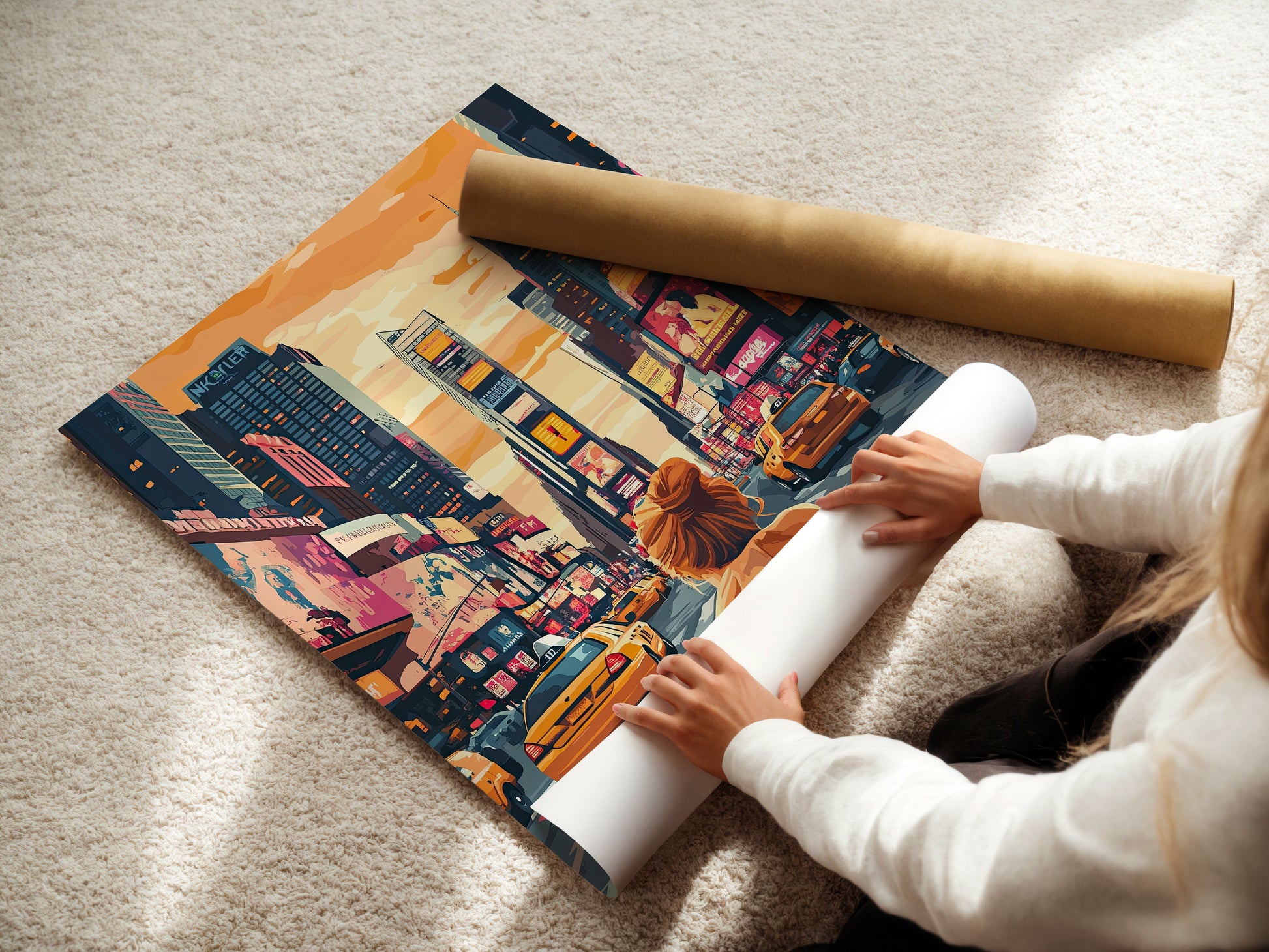 Person unrolling 'Urban Dreamscape: Times Square' art print showcasing New York City's vibrant urban scene.