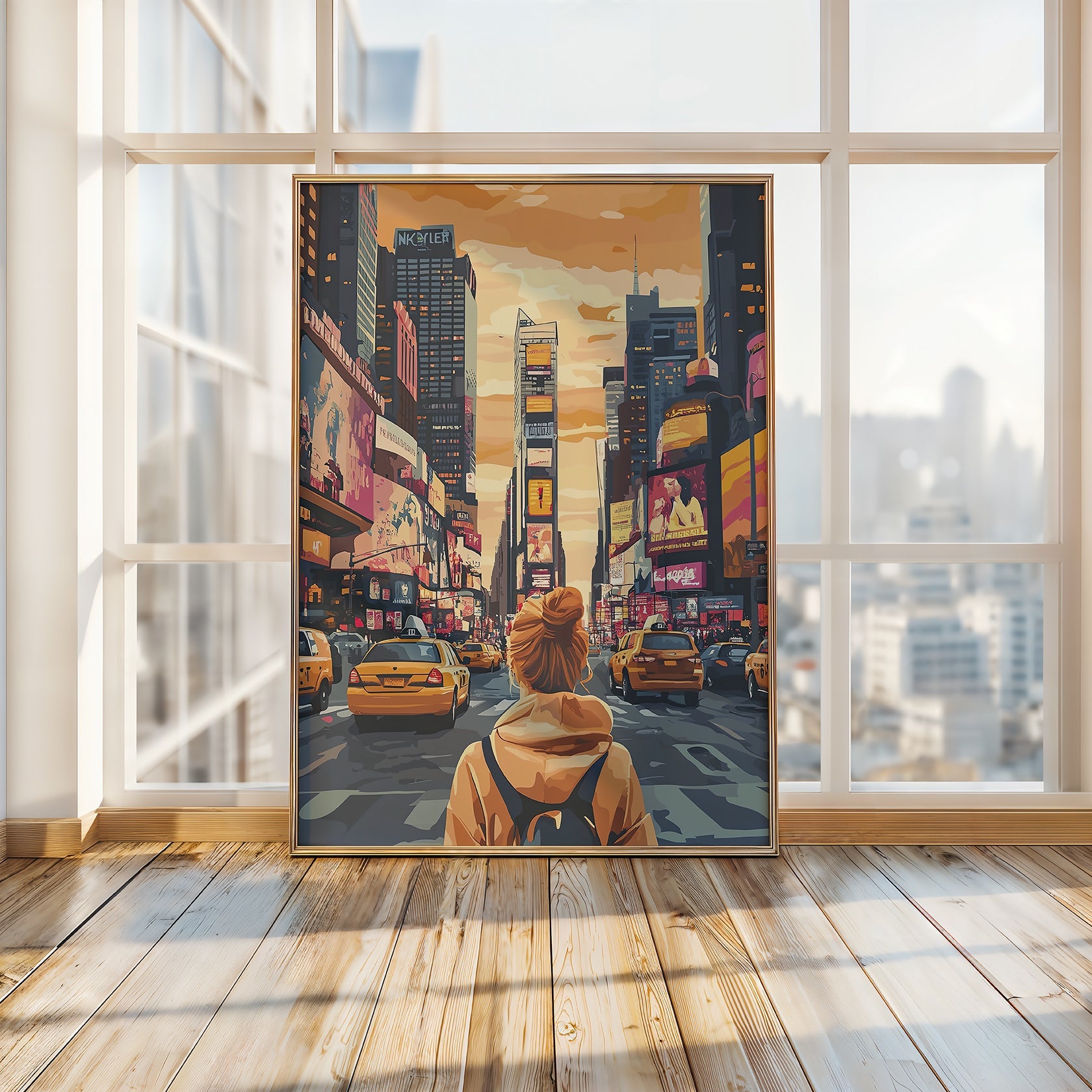 Art print of a woman gazing at Times Square's vibrant scene with yellow taxis and glowing billboards.