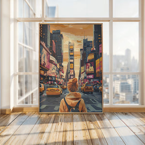 Art print of a woman gazing at Times Square's vibrant scene with yellow taxis and glowing billboards.