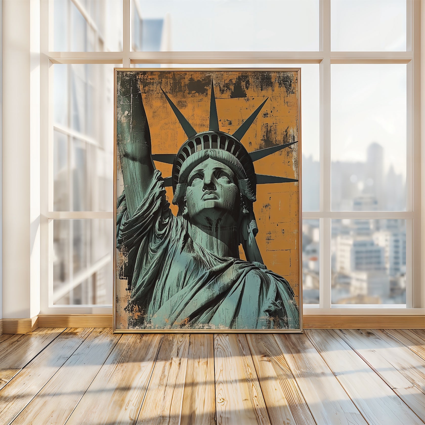 Close-up of the Statue of Liberty in teal on an orange backdrop, showcasing modern pop art style in an urban setting.