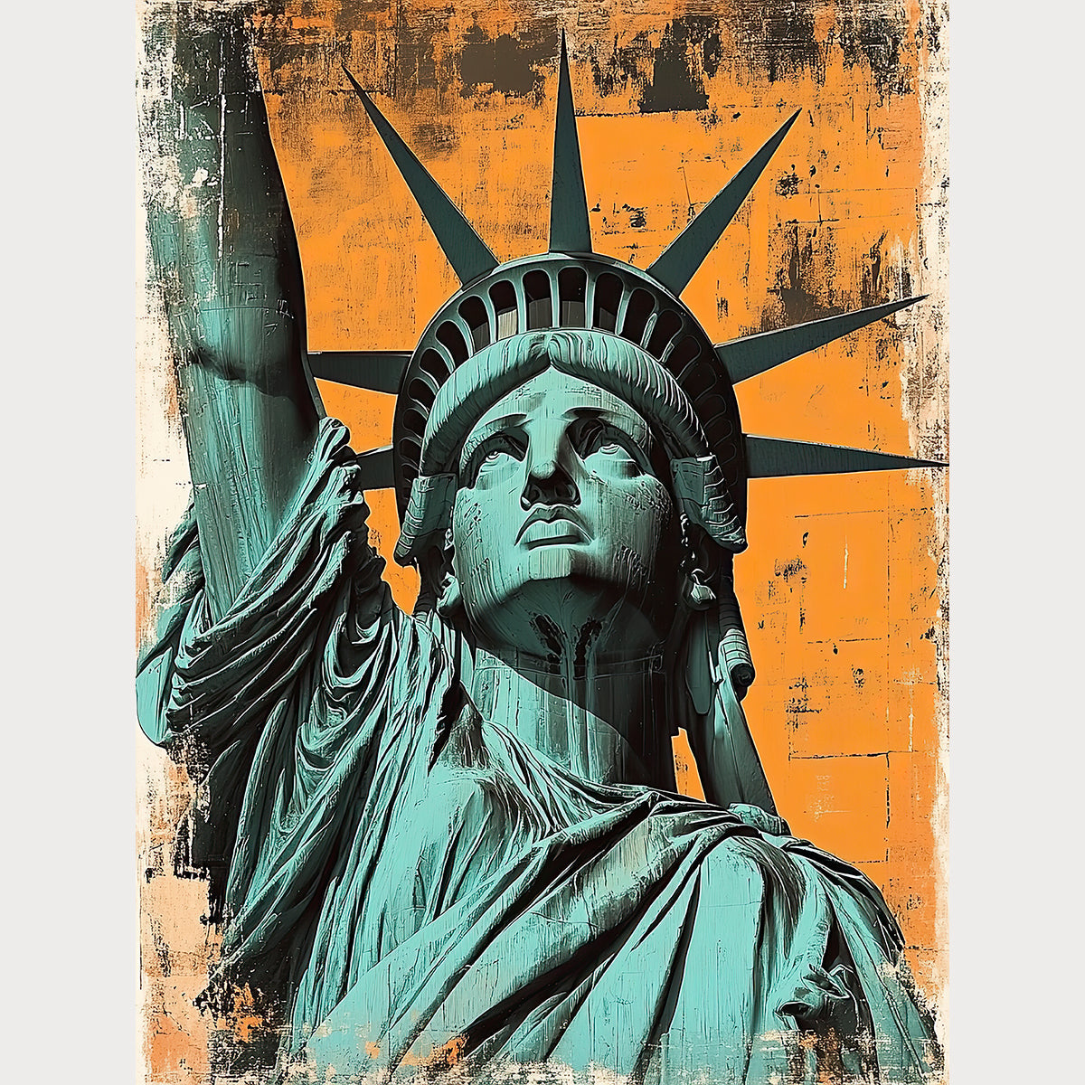 Modern art print of the Statue of Liberty in teal on a distressed orange background, embodying urban pop art.