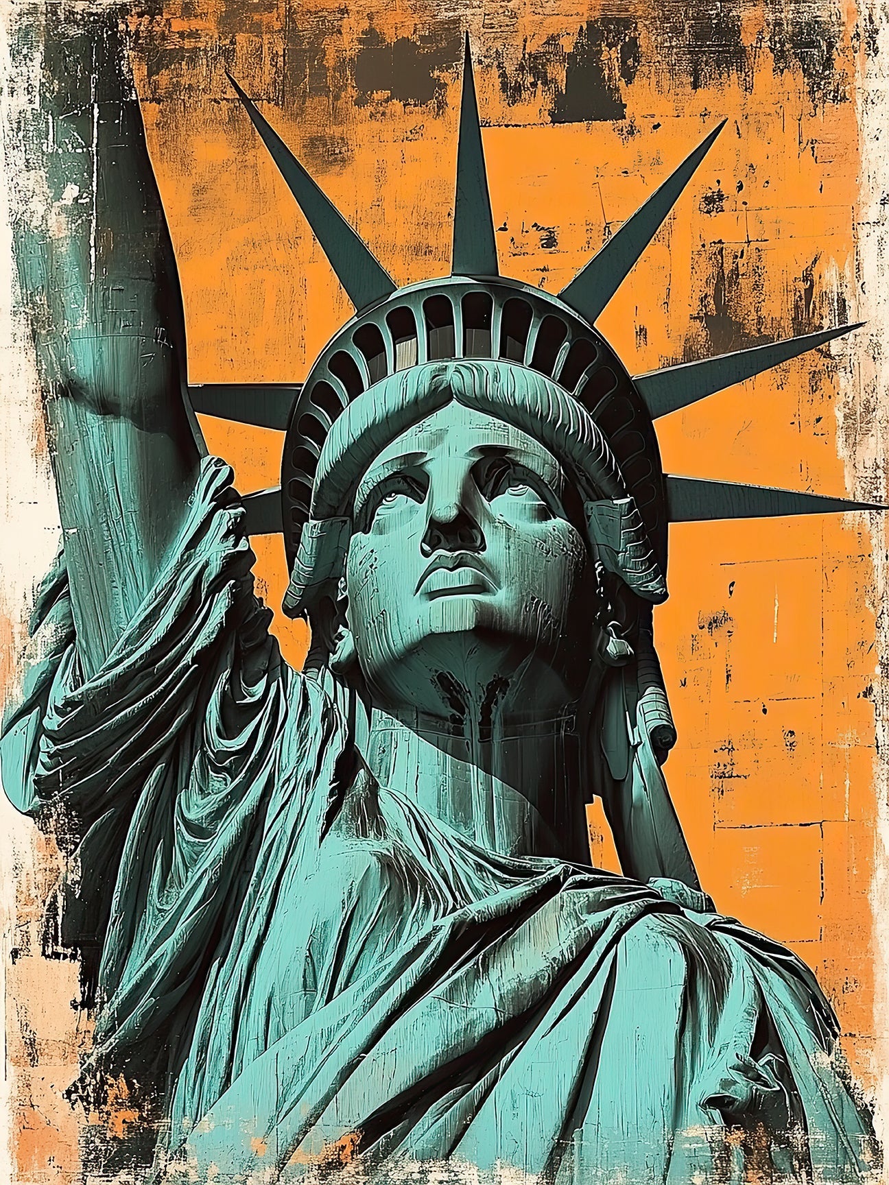 Close-up of the Statue of Liberty in teal against an orange backdrop, showcasing modern pop art style.