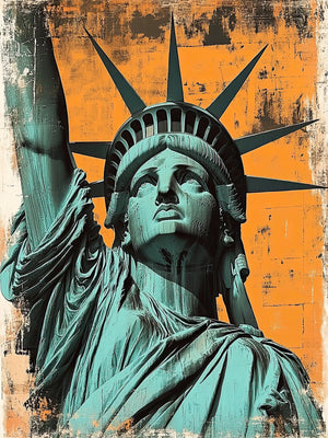 Close-up of the Statue of Liberty in teal against an orange backdrop, showcasing modern pop art style.