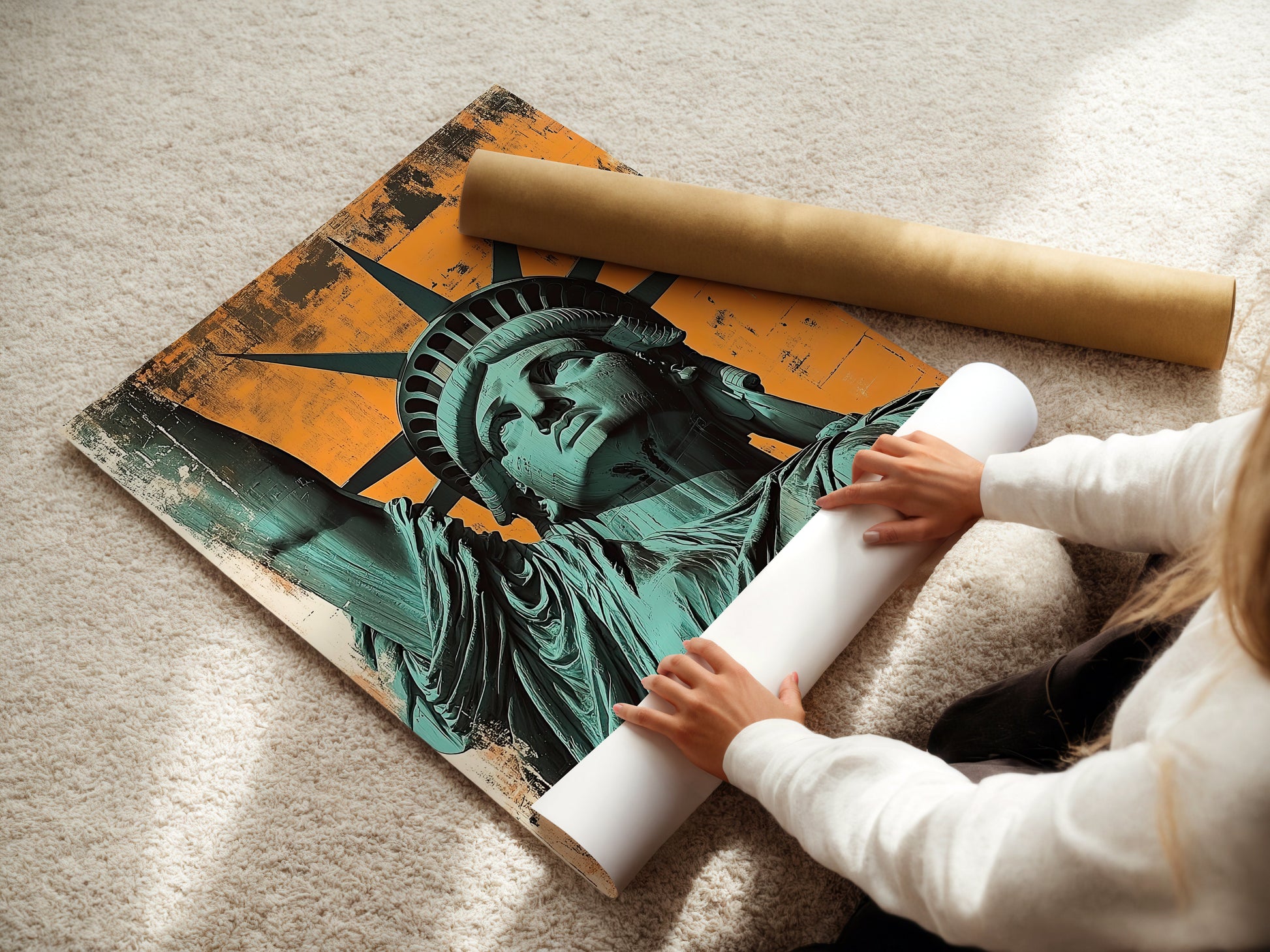 Person unrolling "Liberty in Focus: Iconic Art" featuring the Statue of Liberty in teal and orange, modern wall art.