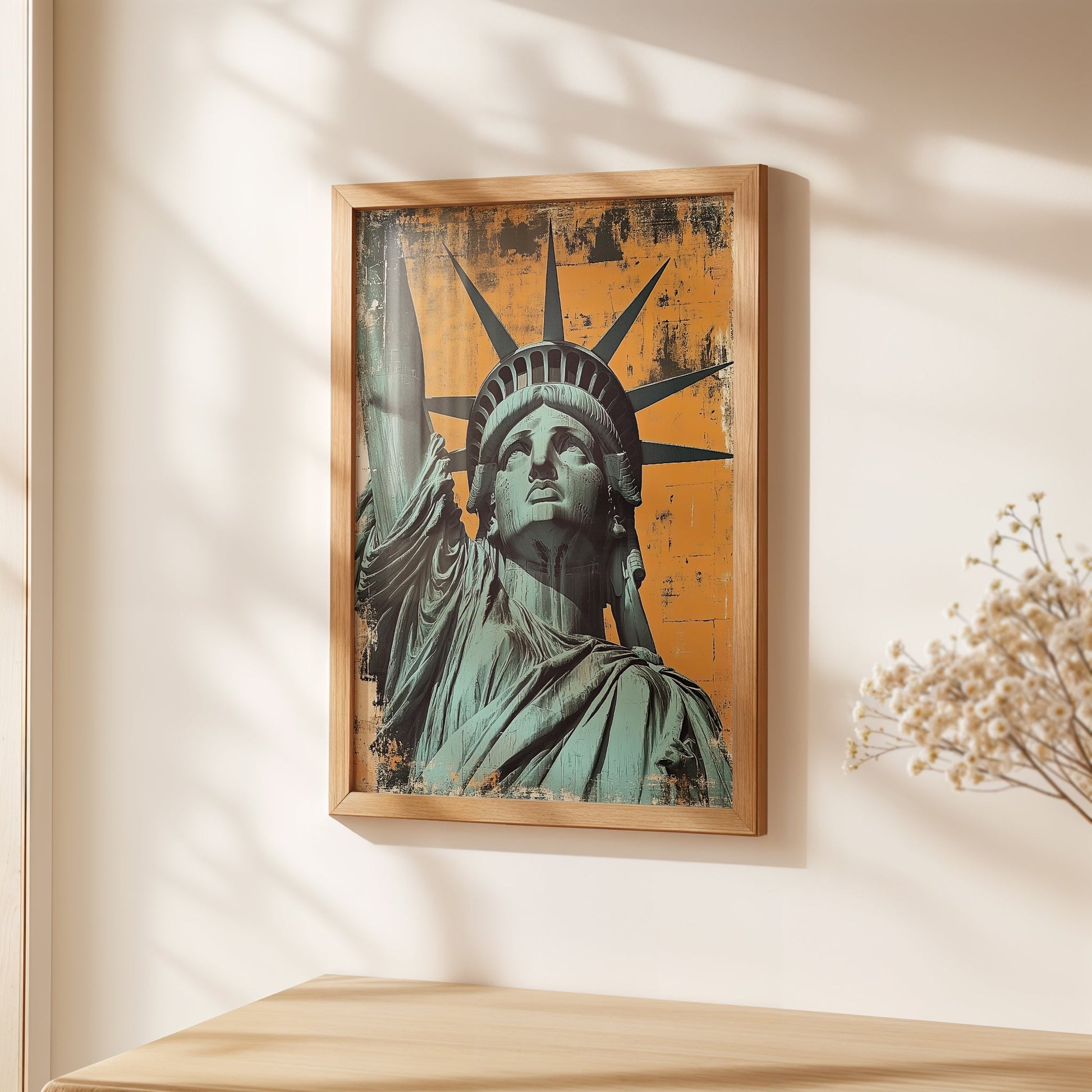 Art print of the Statue of Liberty in teal and orange, a modern Pop Art piece for contemporary interiors.