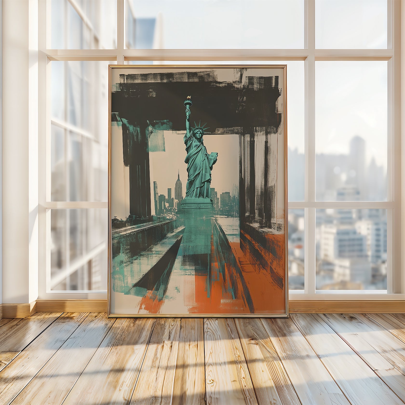 Modern art print featuring Statue of Liberty against a stylized New York skyline in teal and orange.