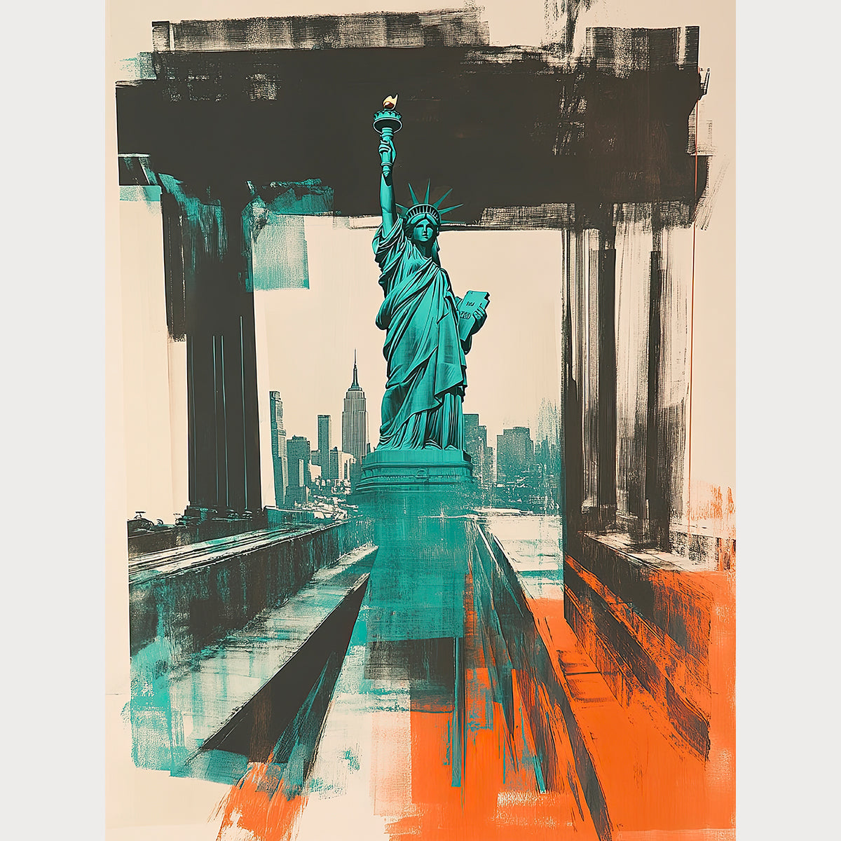 Urban Liberty art print featuring Statue of Liberty against a New York skyline in teal and orange Pop Art style.