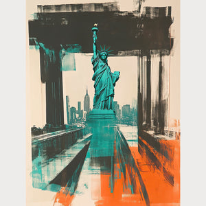 Urban Liberty art print featuring Statue of Liberty against a New York skyline in teal and orange Pop Art style.