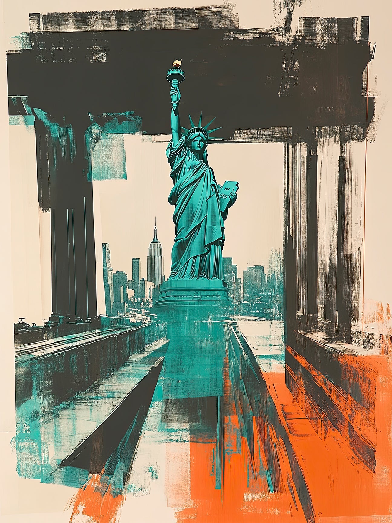 Pop Art print of the Statue of Liberty against a stylized New York City skyline in teal and orange colors.