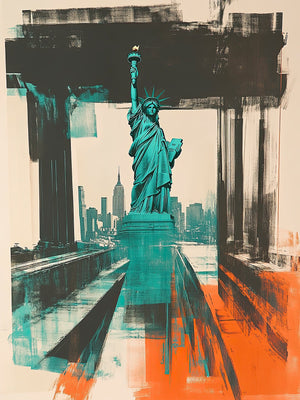 Pop Art print of the Statue of Liberty against a stylized New York City skyline in teal and orange colors.