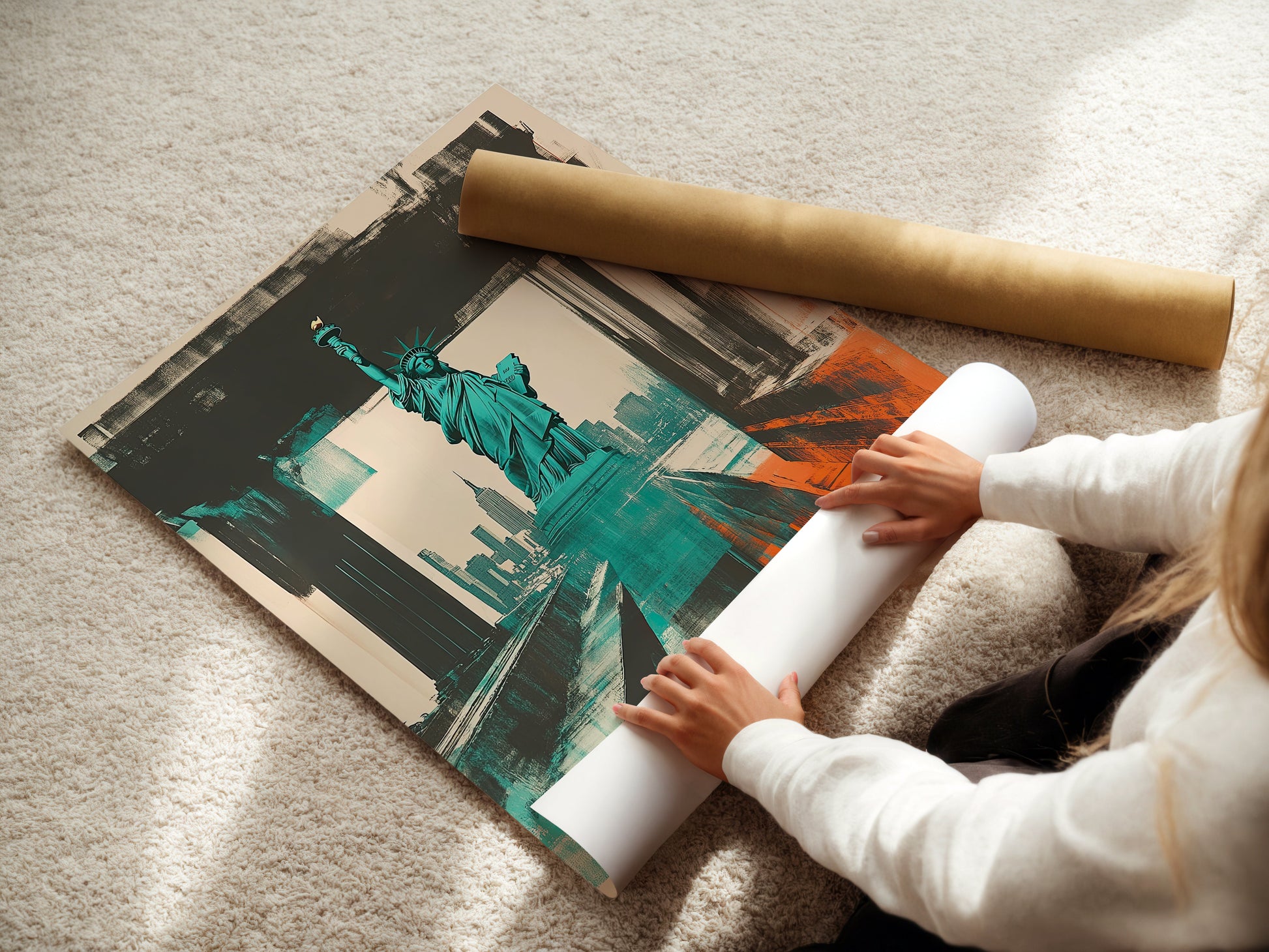 A person unrolling an art print of the Statue of Liberty with a stylized NYC skyline in vibrant colors.