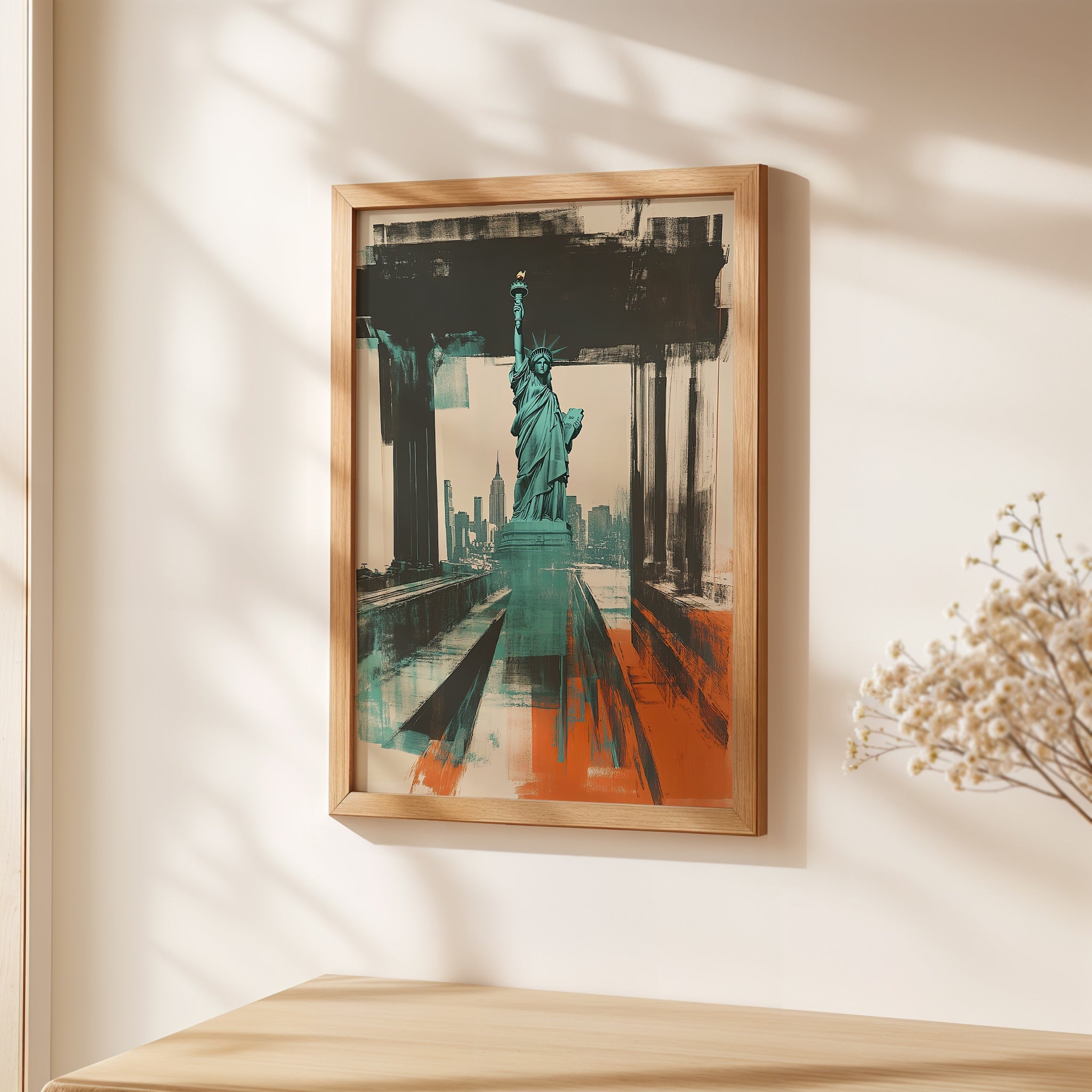 Urban Liberty art print featuring Statue of Liberty with New York skyline in teal and orange, modern pop art wall decor.