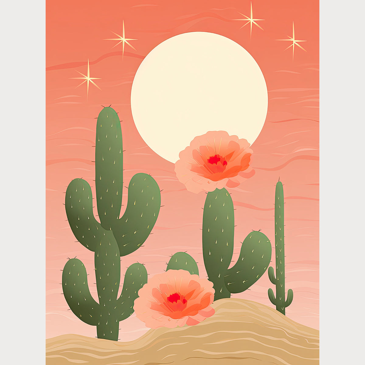 Golden Hour Cactus wall art print featuring blooming flowers and a glowing sunset sky, ideal for bohemian decor.