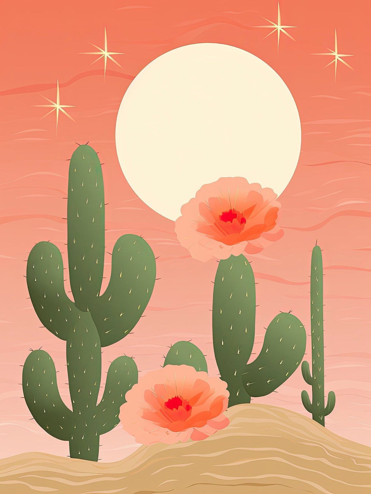 Golden Hour Cactus wall art print featuring blooming flowers, glowing sunset, and soft blush tones. Perfect for boho decor.