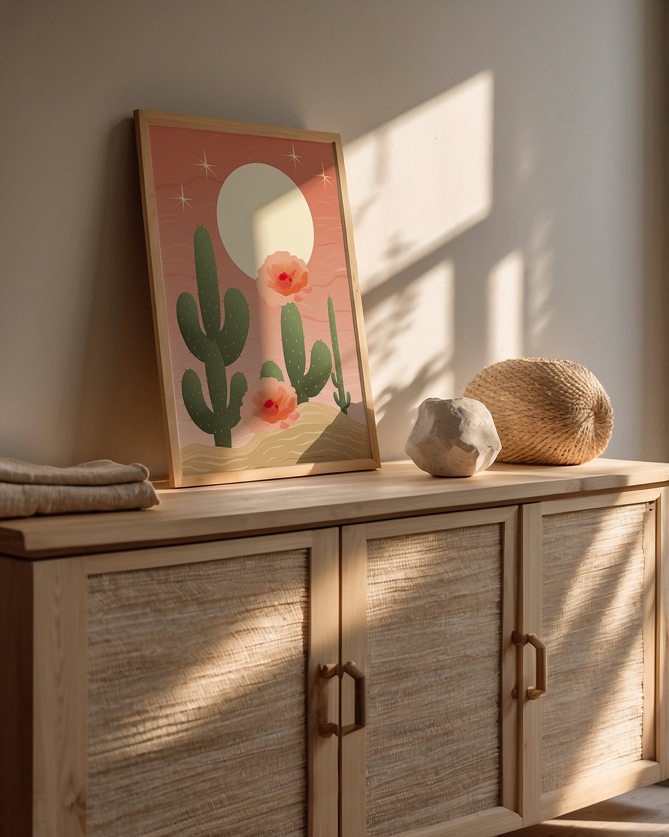 Golden Hour Cactus wall art print featuring cacti and flowers, enhancing bohemian decor with soft sunset colors.