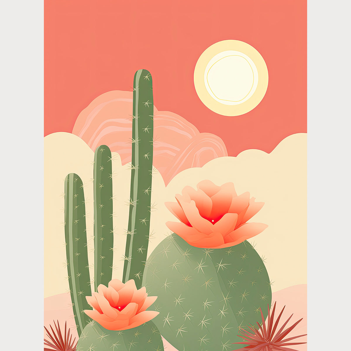Bohemian art print of blooming cacti at sunrise with soft colors, perfect for modern wall art decor.