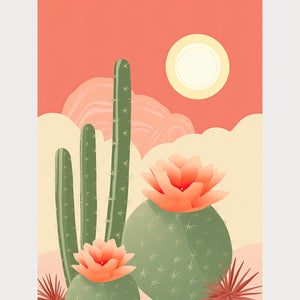 Bohemian art print of blooming cacti at sunrise with soft colors, perfect for modern wall art decor.