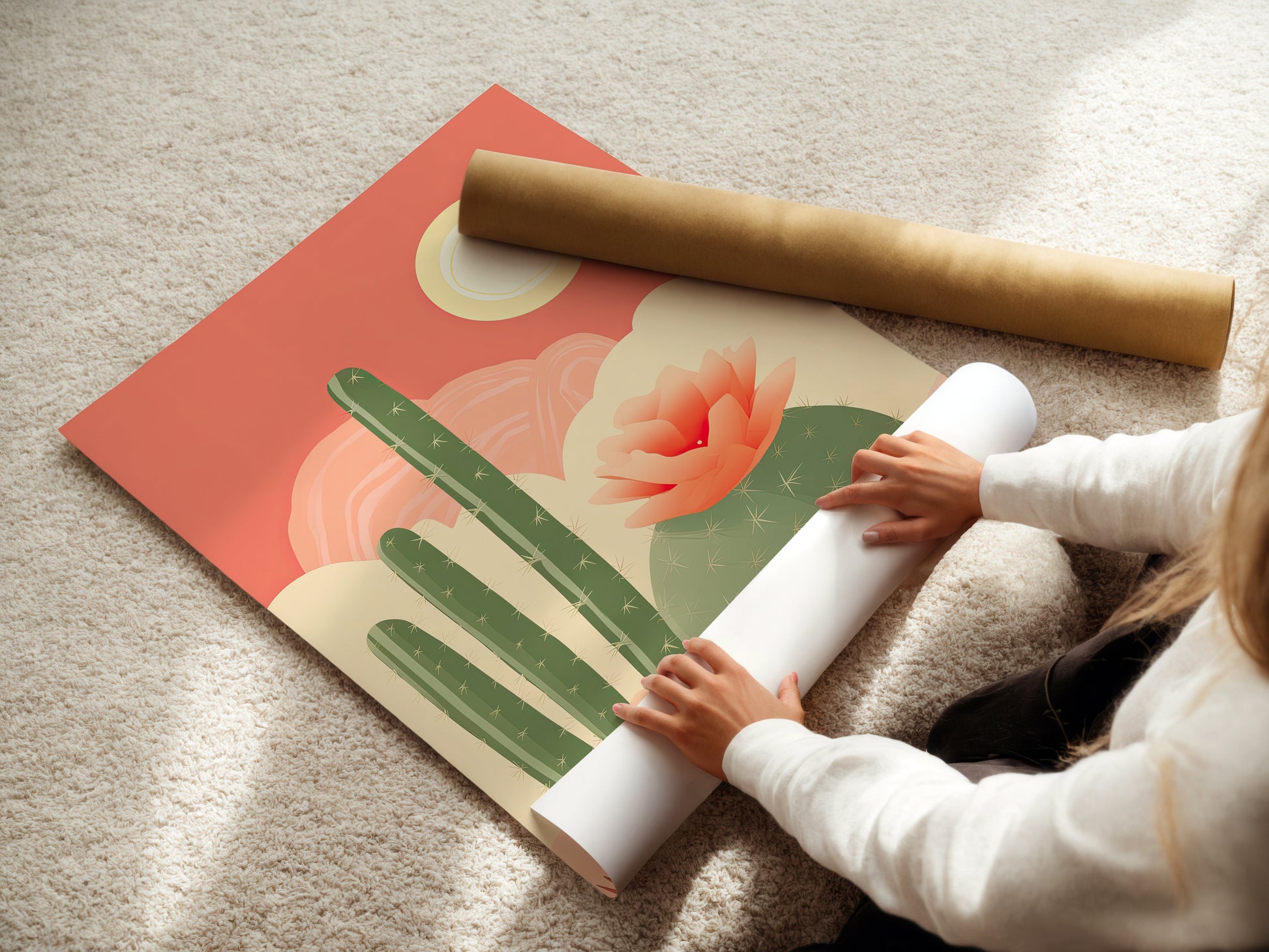 Person unrolling a vibrant cactus and flower wall art print on soft surface, showcasing boho chic design.