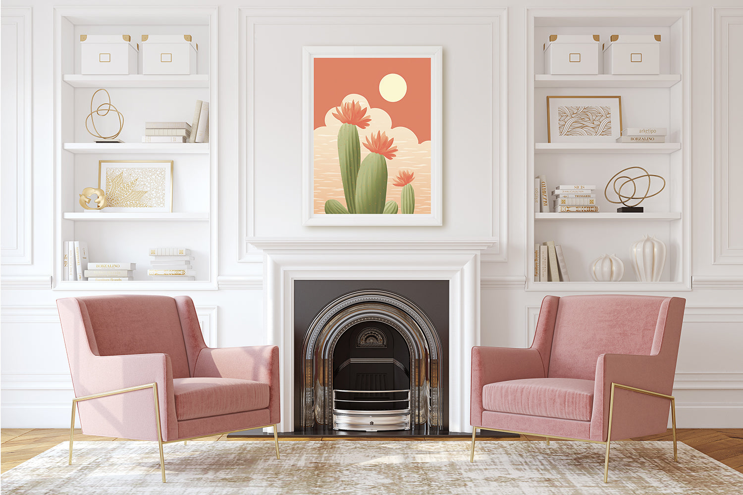 Bohemian art print featuring blooming cactus flowers against a pastel coral sky, perfect for modern boho decor.
