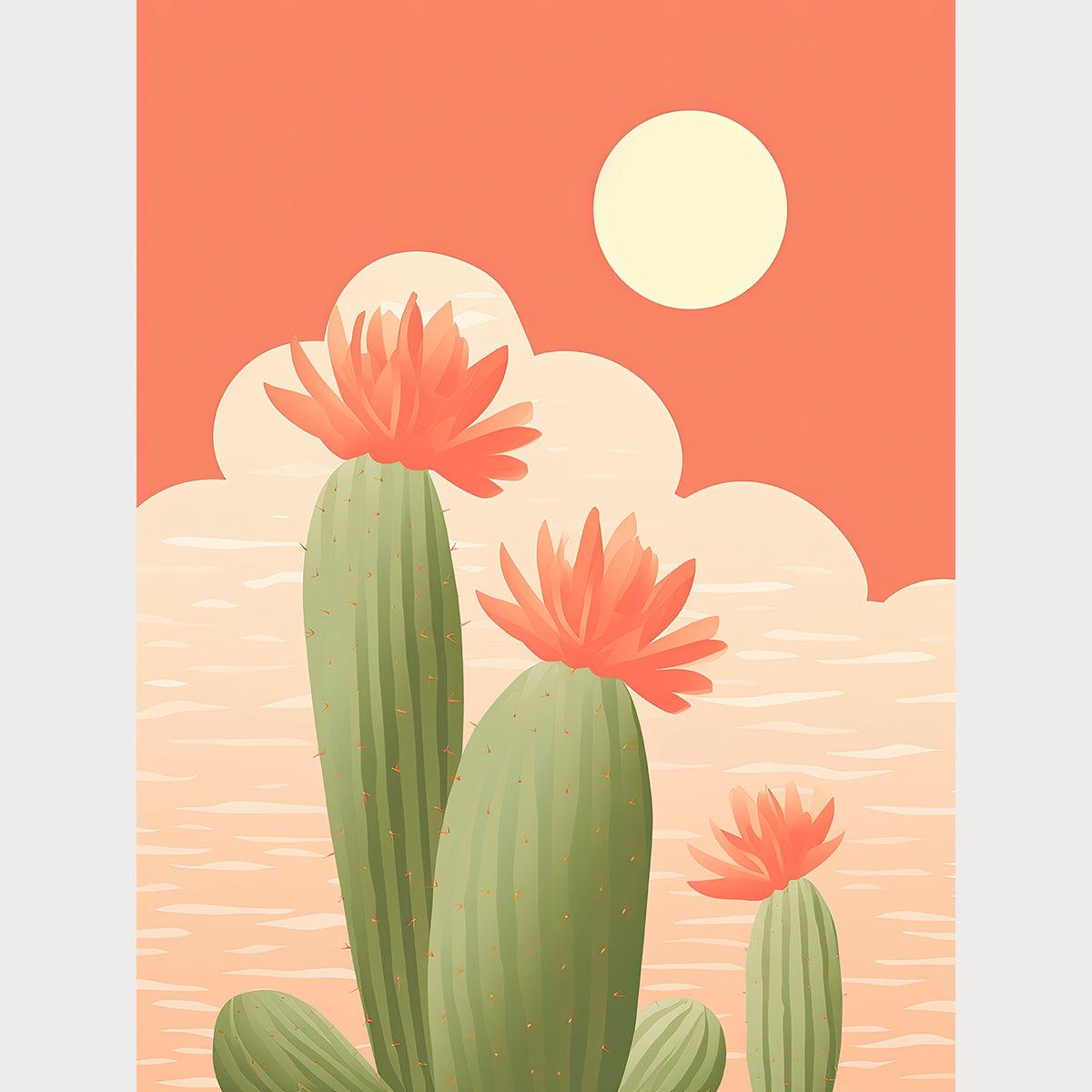 Boho Desert Beauty wall art print featuring cacti with vibrant flowers against a pastel coral sky, perfect for modern decor.