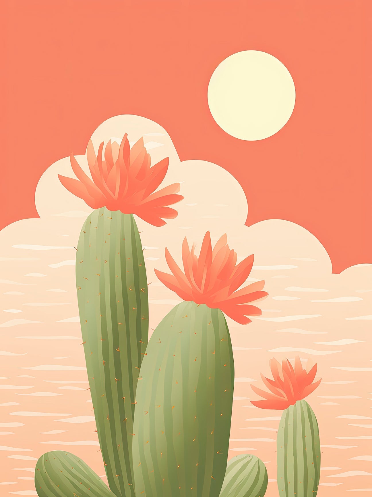Boho art print featuring blooming cactus flowers against a coral sky and sun, perfect for modern wall decor.