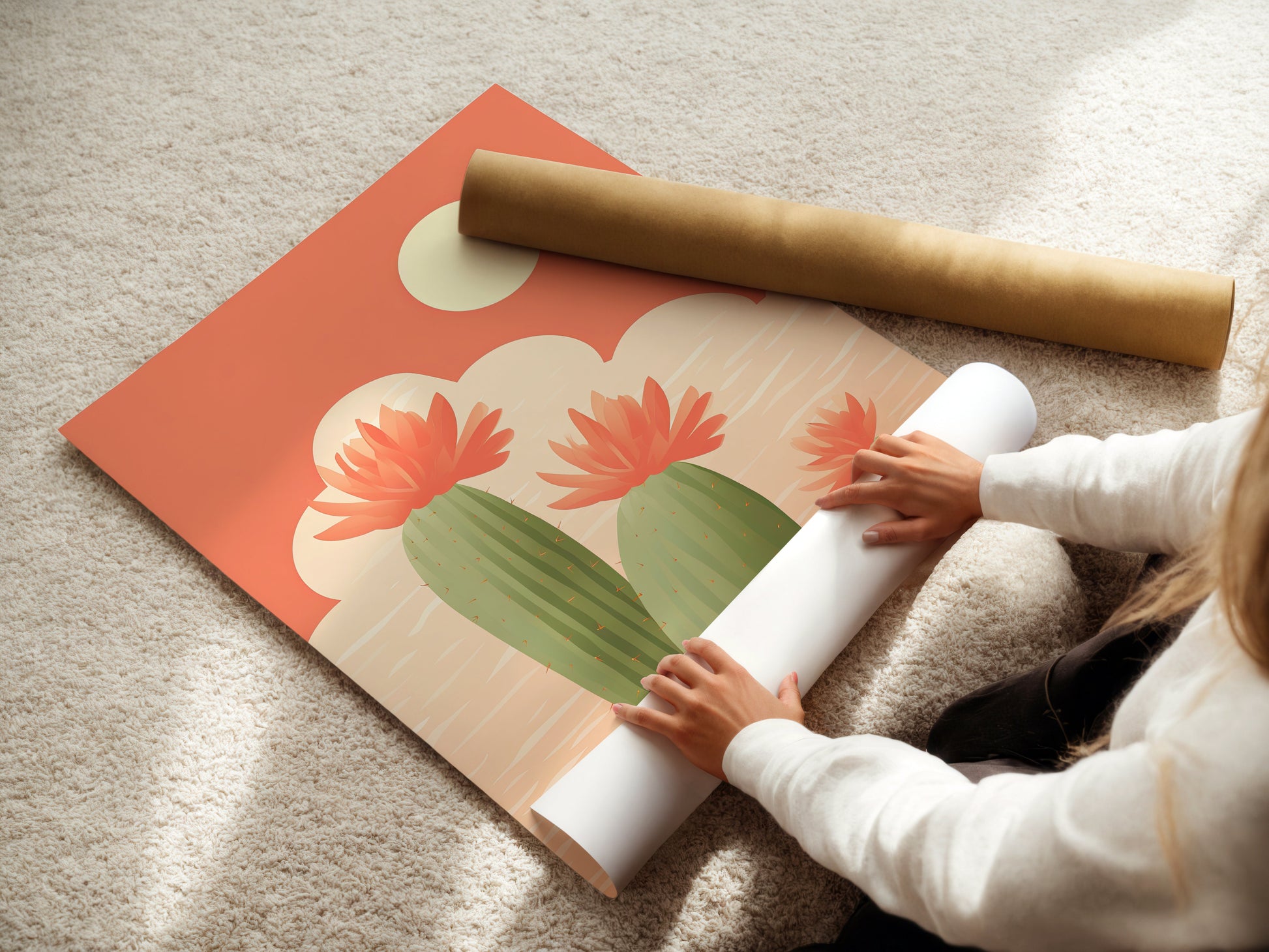 Hands unrolling the Boho Desert Beauty wall art print featuring flowers and cacti in pastel colors.