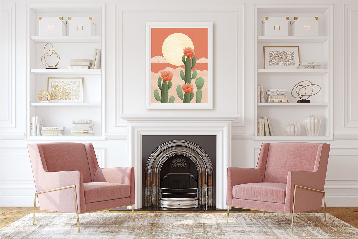 Sunrise Over Cactus Fields wall art print in a modern living room with pink chairs, showcasing bohemian cactus design.