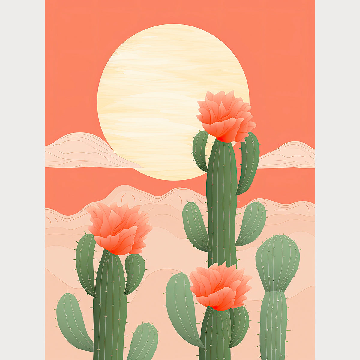 Sunrise over blossoming cacti in warm tones, showcasing modern bohemian wall art with flowers and desert landscape.