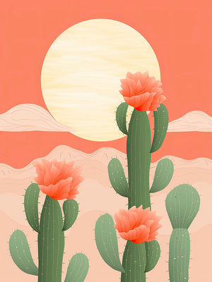 Sunrise over cactus fields artwork featuring blossoming cacti and a large sun, perfect for boho wall art decor.