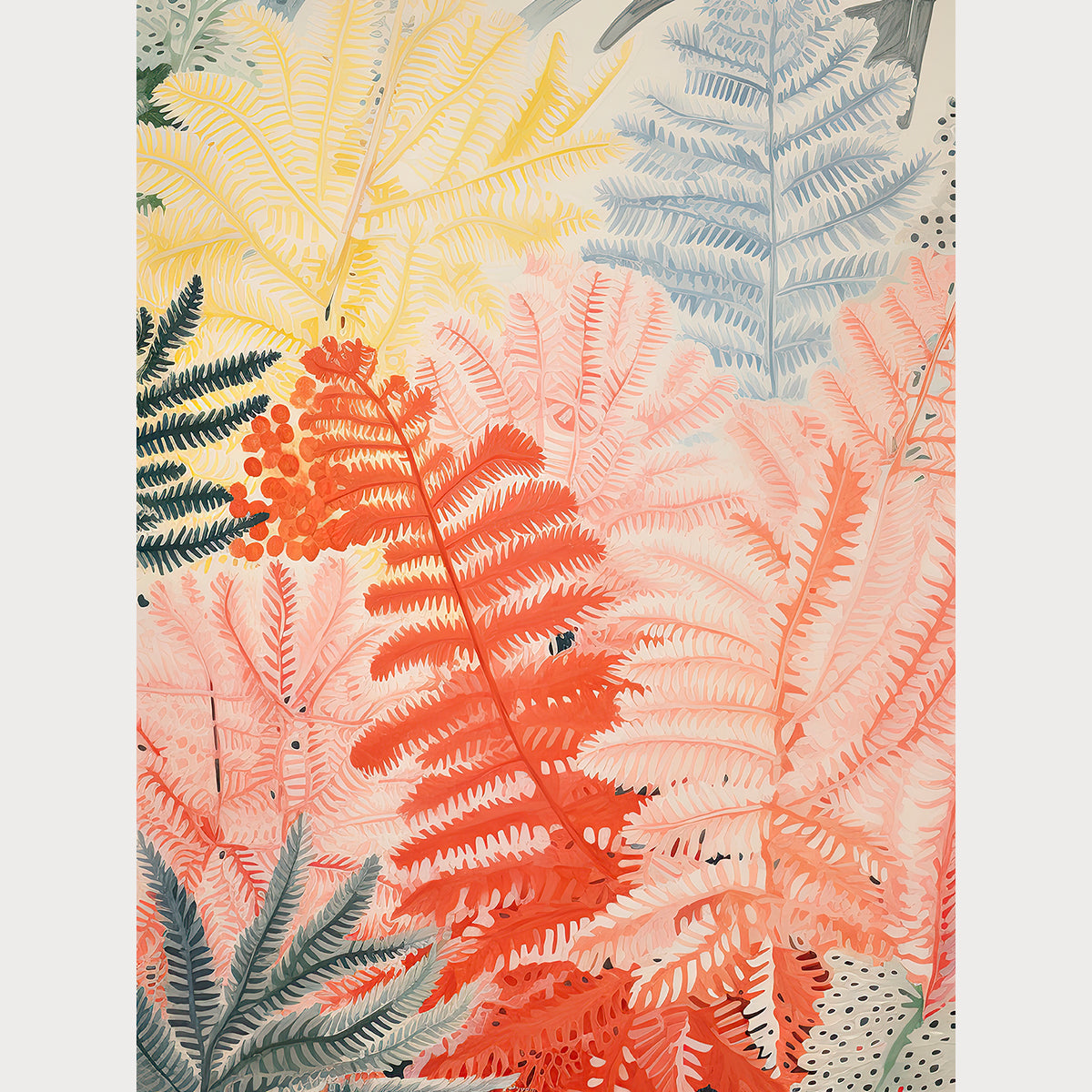 Boho Forest Radiance wall art print featuring colorful fern foliage in coral, blush, yellow, and slate blue.