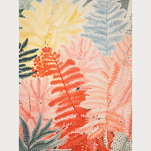 Boho Forest Radiance wall art print featuring colorful fern foliage in coral, blush, yellow, and slate blue.