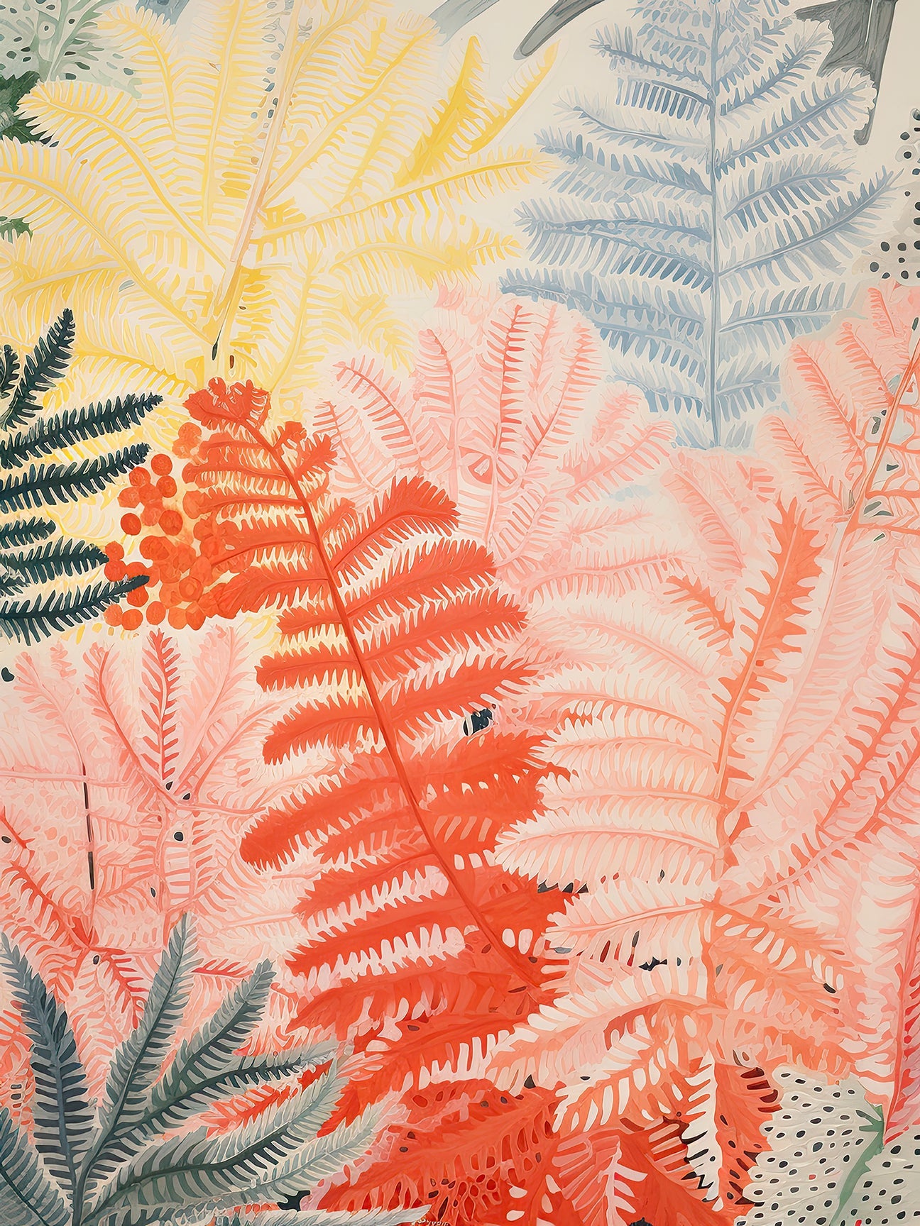 Bohemian art print featuring colorful ferns in coral, blush, and blue, perfect for modern wall decor and vibrant spaces.