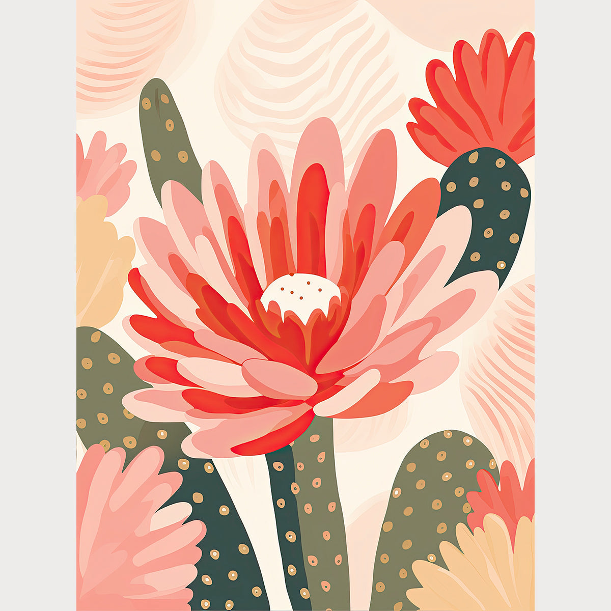 Desert Chic Blossoms modern wall art featuring vibrant cactus flowers in coral and blush hues, perfect for bohemian decor.