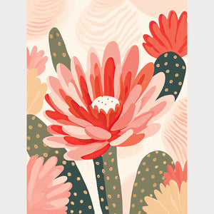 Desert Chic Blossoms modern wall art featuring vibrant cactus flowers in coral and blush hues, perfect for bohemian decor.