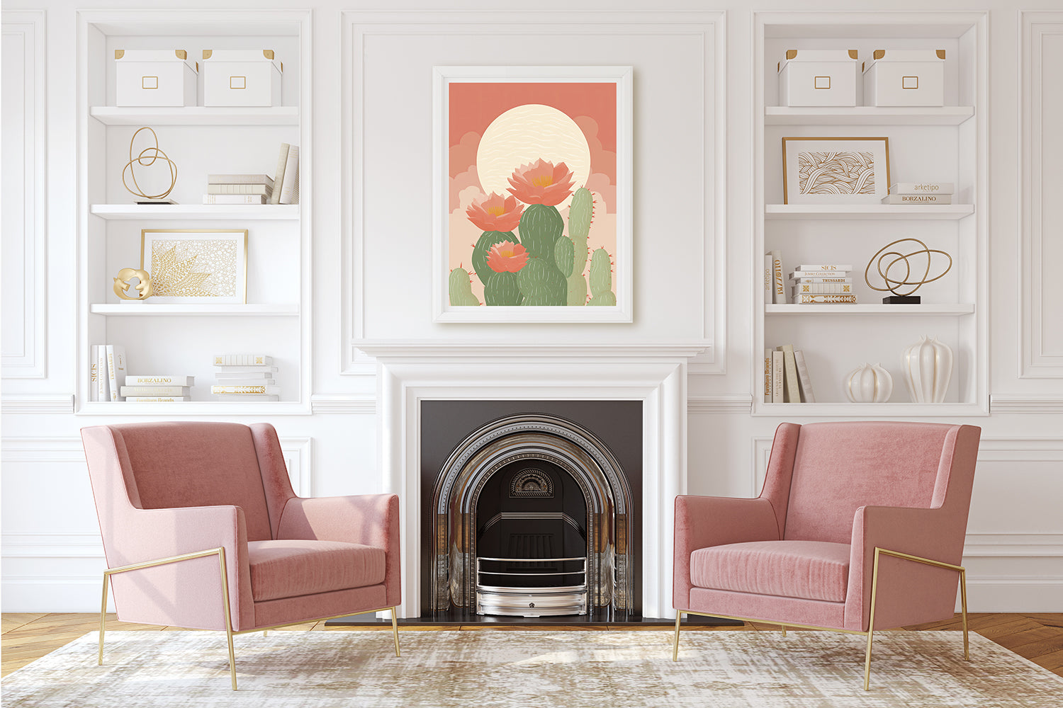 Modern Bohemian wall art featuring cactus and flowers in a cozy living room setting with pink chairs.