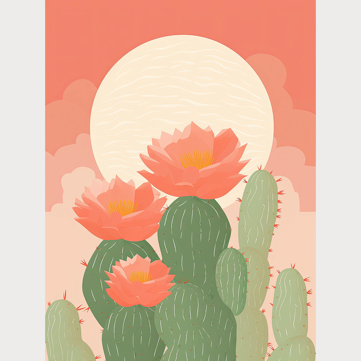 Moonlit desert-themed wall art print featuring blooming coral flowers atop green cacti and a luminous full moon.